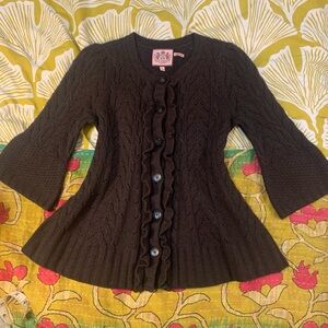 Juicy Couture Cashmere Merino Wool Ruffle Cardigan Brown